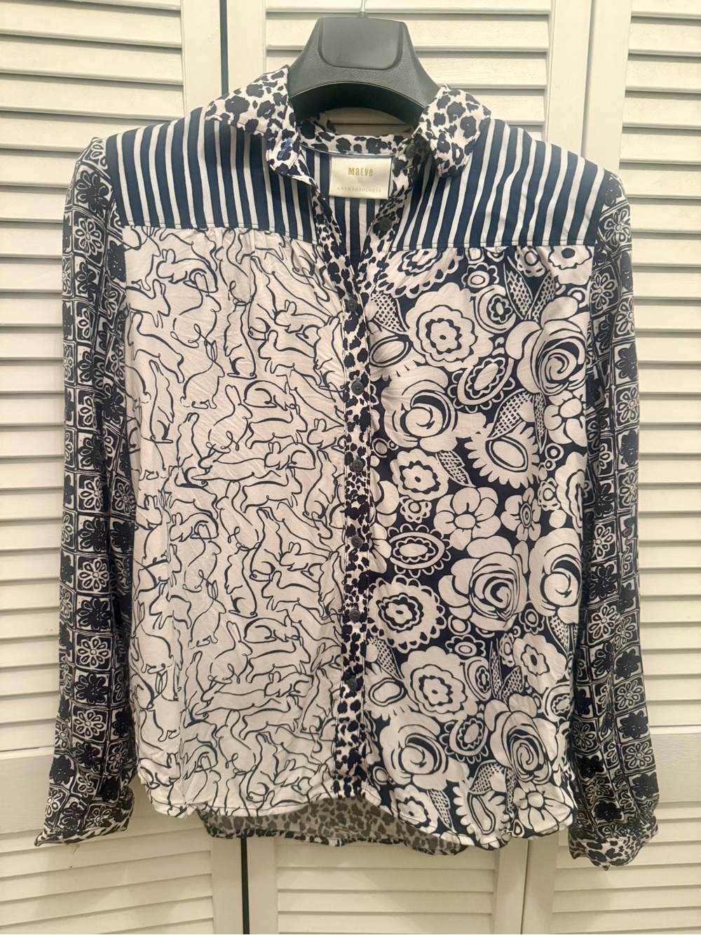 Anthropologie | Maeve | Navy & White Mixed Print Button-Up Blouse